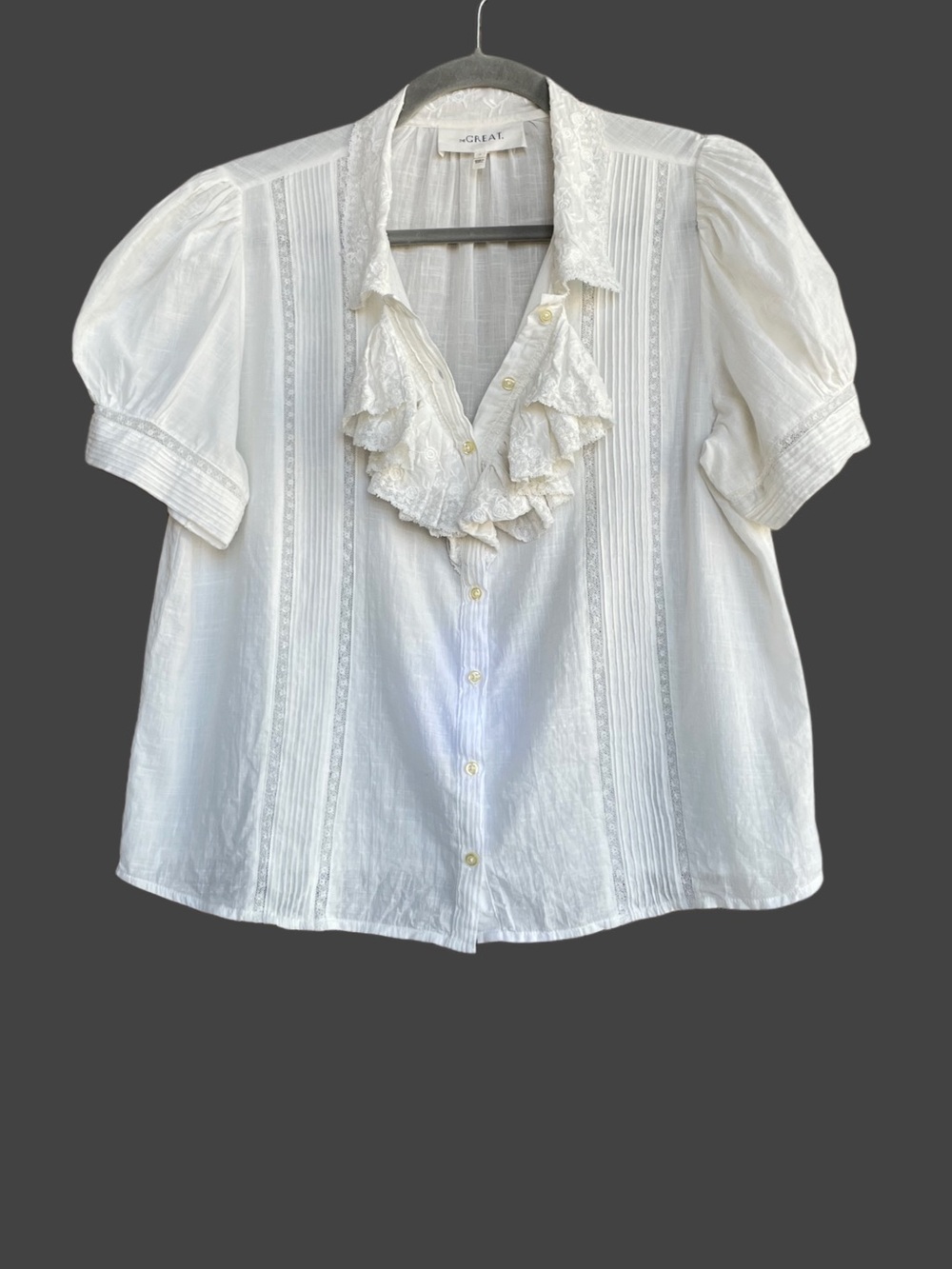 THE GREAT White Floral Embroidered Ruffle Cotton Button Down Kindred Blouse Top - Picture 13 of 17